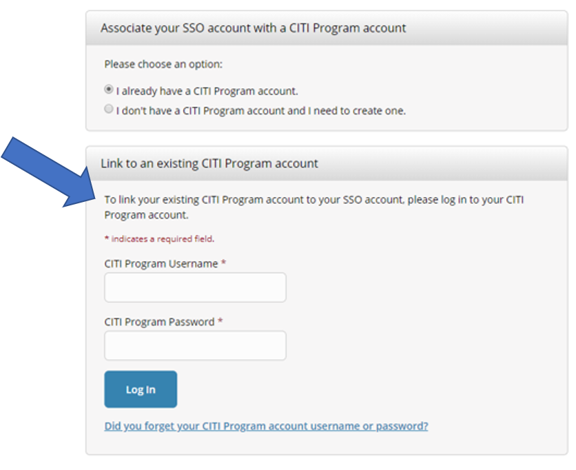 Link to an existing CITI Program account